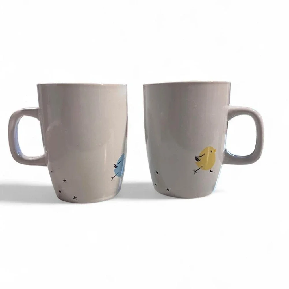 Adorable Minimalist Cartoon Bird Mug Set Blue & Yellow Chick Mugs
